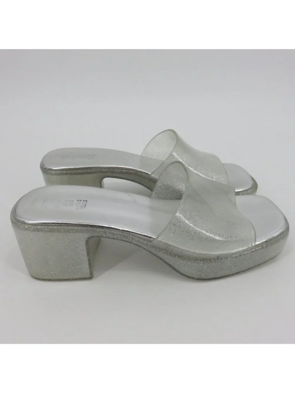 Play Women 7 US Silver Glitter Chunky Heel Platform Slide Shoes Sandals Costume